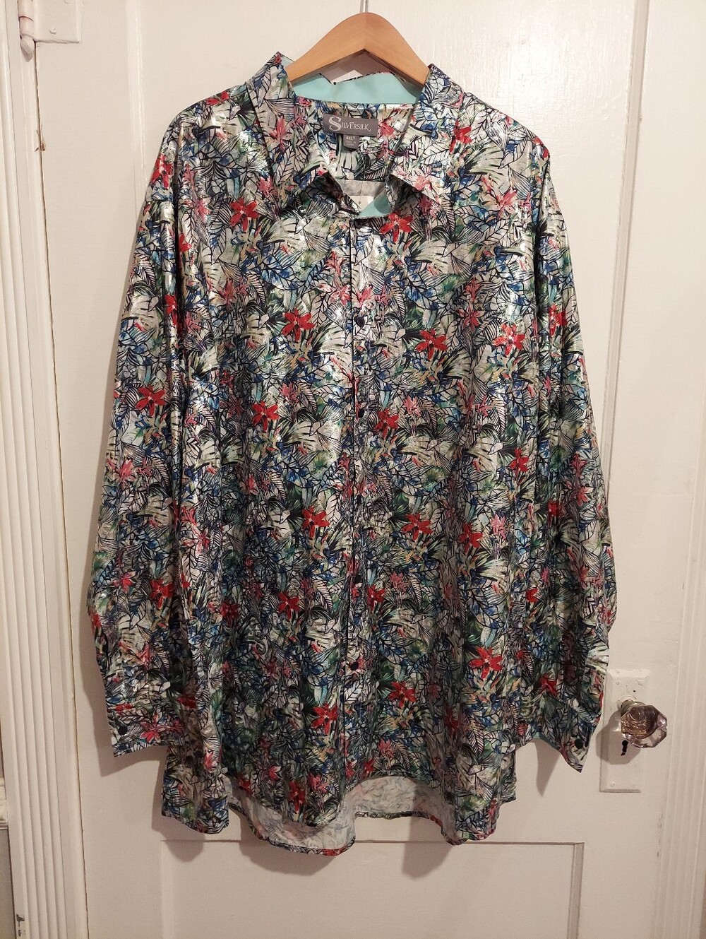 SILVERSILK Men’s 4X Metallic Floral Button Down Shirt Shiny Silver Tropical Big